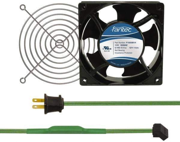 Made in USA - 115 Volts, AC, 103 CFM, Square Tube Axial Fan Kit - 0.26 Amp Rating, 120mm High x 120mm Wide x 38.5mm Deep, Includes Fan, Fan Guard, Thermostatically Controlled Fan Cord - Industrial Tool & Supply