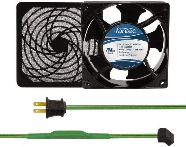 Made in USA - 115 Volts, AC, 80 CFM, Square Tube Axial Fan Kit - 0.18 Amp Rating, 120mm High x 120mm Wide x 38.5mm Deep, Includes Fan, Fan Filter, Thermostatically Controlled Fan Cord - Industrial Tool & Supply