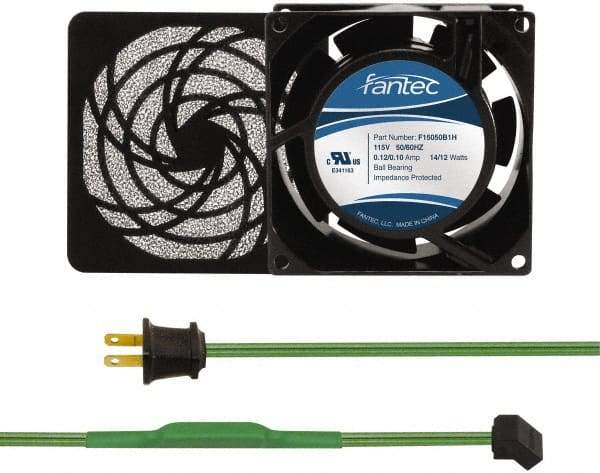 Made in USA - 115 Volts, AC, 31 CFM, Square Tube Axial Fan Kit - 0.18 Amp Rating, 3.15" High x 3" Wide x 38.5mm Deep, Includes Fan, Fan Filter, Thermostatically Controlled Fan Cord - Industrial Tool & Supply