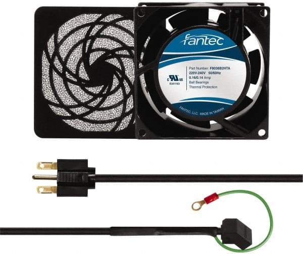 Made in USA - 230 Volts, AC, 32 CFM, Square Tube Axial Fan Kit - 0.06/0.05 Amp Rating, 3.15" High x 3" Wide x 38.5mm Deep, Includes Fan, Fan Guard, Fan Cord - Industrial Tool & Supply