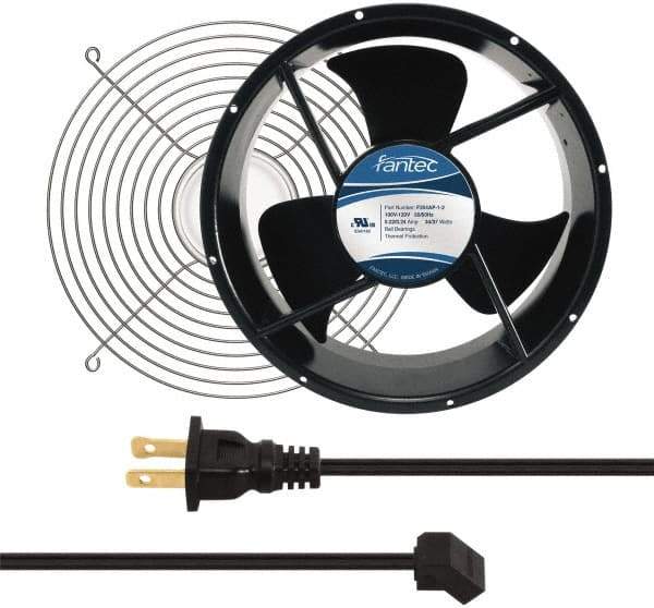 Made in USA - 115 Volts, AC, 600 CFM, Round Tube Axial Fan Kit - 0.22/0.24 Amp Rating, 254mm High x 254mm Wide x 89mm Deep, Includes Fan, Fan Guard, Fan Cord - Industrial Tool & Supply