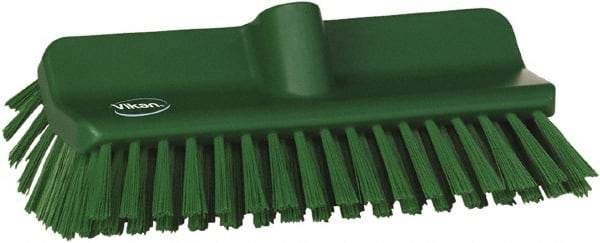 Vikan - 1-1/2" Bristle Length, Polyester Cleaning & Finishing Brush - 9-5/8" Long x 5" Wide Head, 10" OAL, European Threaded Handle, Green, Polypropylene Block - Industrial Tool & Supply