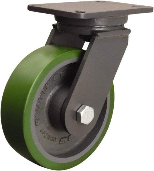 Hamilton - 8" Diam x 2-1/2" Wide x 10-1/2" OAH Top Plate Mount Swivel Caster - Polyurethane Mold onto Cast Iron Center, 2,000 Lb Capacity, Precision Ball Bearing, 5-1/4 x 7-1/4" Plate - Industrial Tool & Supply
