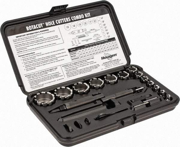 Hougen - 19 Piece, 5/16 to 1-1/2" Cutter Diam, High Speed Steel Annular Cutter Set - Bright Finish, 5/16, 3/8, 7/16, 1/2, 9/16, 5/8, 3/4, 7/8, 1, 1-1/8, 1-1/4, 1-3/8, 1-1/2" Cutter Diams, 3 Flats on Shank - Industrial Tool & Supply