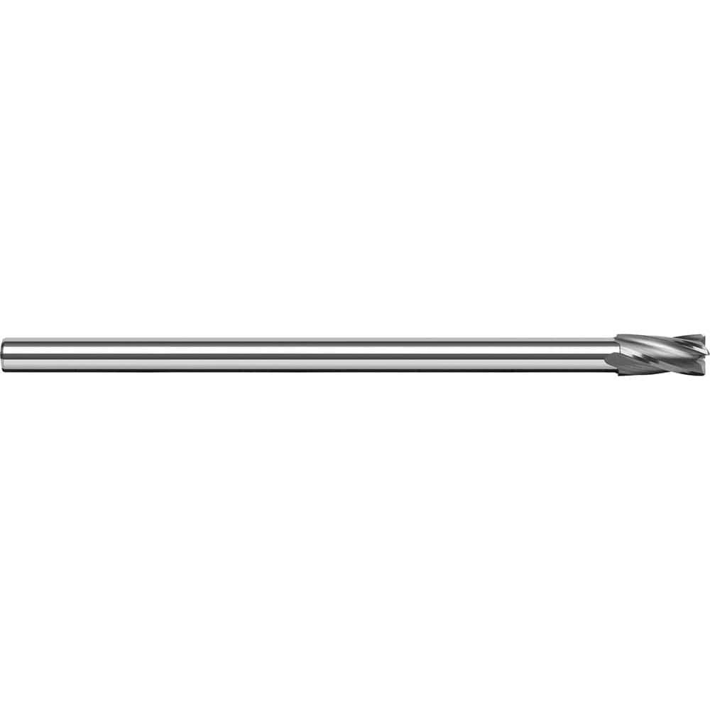 Corner Radius End Mill: 3/16″ Dia, 9/32″ LOC, 1/64″ Radius, 4 Flutes, Solid Carbide 2-1/2″ OAL, 5/32″ Shank Dia, 30 ° Helix, Bright/Uncoated, Corner Radius End