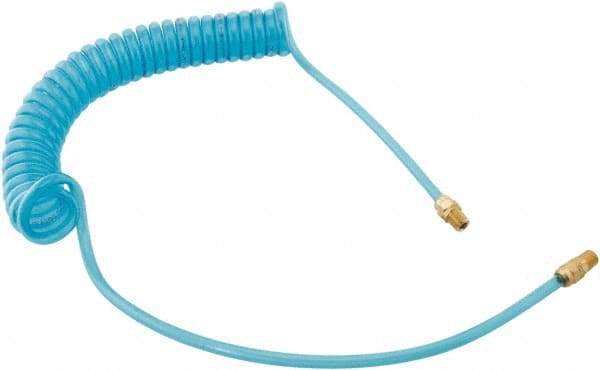Parker - 21/64" ID, 3/8 Thread, 25' Long, Transparent Blue 95A Shore Durometer Polyurethane Coiled & Self Storing Hose - 150 Max psi, Male Rigid x Male Swivel - Industrial Tool & Supply