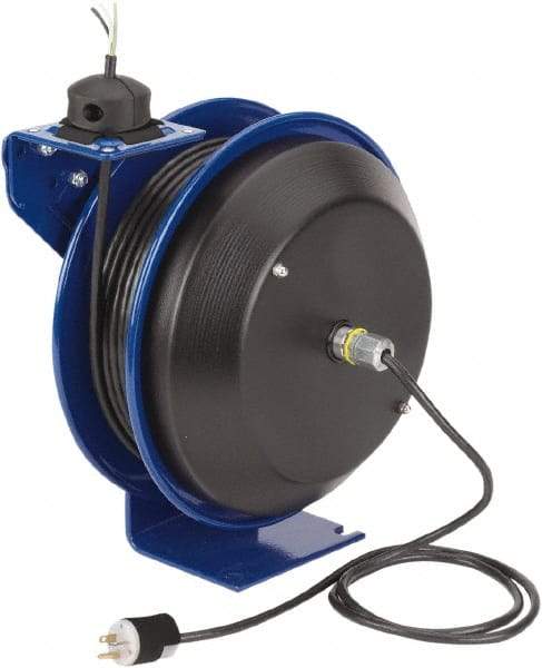 CoxReels - 12 AWG, 50' Cable Length, Cord & Cable Reel with Bare End - 0 Outlets, 20 Amps, 115 Volts, SJO Cable, Blue Reel, Spring Driven Reel - Industrial Tool & Supply