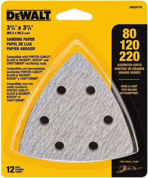 DeWALT - 80, 120 & 220 Grit, Aluminum Oxide TriangleSanding Sheet - 3-1/2" Long x 3-3/4" Wide, Assorted Grade, Weighted Cloth Backing - Industrial Tool & Supply