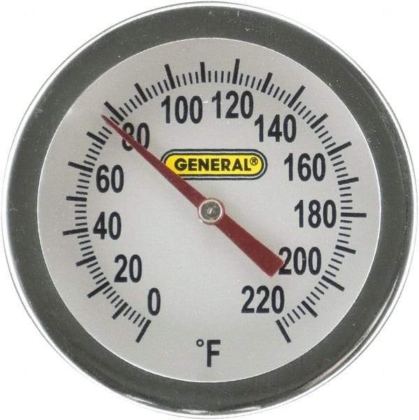 General - 20 Inch Long Stem, 2 Inch Dial Diameter, Back Connected Bi-Metal Thermometer - 220°Fahrenheit - Industrial Tool & Supply