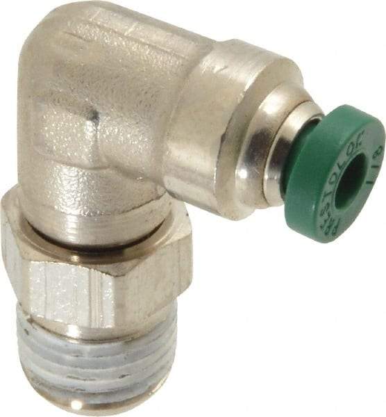 Parker - 1/8" Outside Diam, 1/8 NPTF, Nickel Plated Brass Push-to-Connect Tube Male Swivel Elbow - 300 Max psi, Tube to Male NPT Connection, Buna-N O-Ring - Industrial Tool & Supply