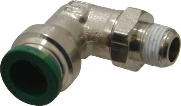 Parker - 3/8" Outside Diam, 1/8 NPTF, Nickel Plated Brass Push-to-Connect Tube Male Swivel Elbow - 300 Max psi, Tube to Male NPT Connection, Buna-N O-Ring - Industrial Tool & Supply