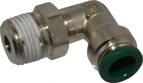 Parker - 3/8" Outside Diam, 3/8 NPTF, Nickel Plated Brass Push-to-Connect Tube Male Swivel Elbow - 300 Max psi, Tube to Male NPT Connection, Buna-N O-Ring - Industrial Tool & Supply