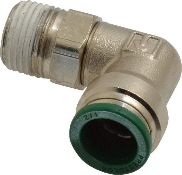 Parker - 1/2" Outside Diam, 3/8 NPTF, Nickel Plated Brass Push-to-Connect Tube Male Swivel Elbow - 300 Max psi, Tube to Male NPT Connection, Buna-N O-Ring - Industrial Tool & Supply