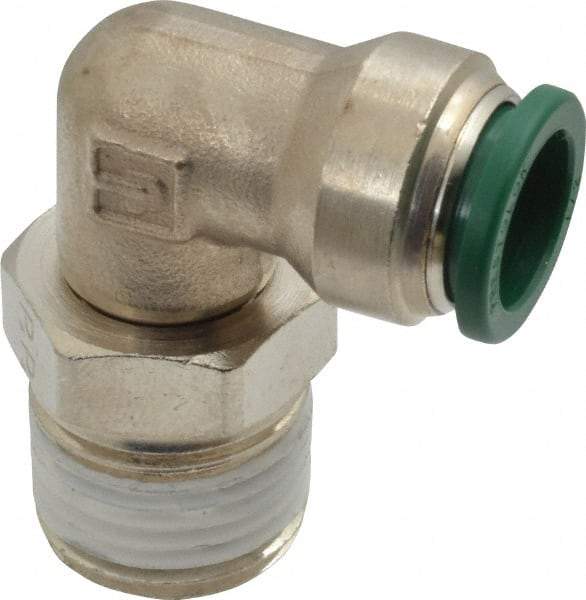 Parker - 1/2" Outside Diam, 1/2 NPTF, Nickel Plated Brass Push-to-Connect Tube Male Swivel Elbow - 300 Max psi, Tube to Male NPT Connection, Buna-N O-Ring - Industrial Tool & Supply
