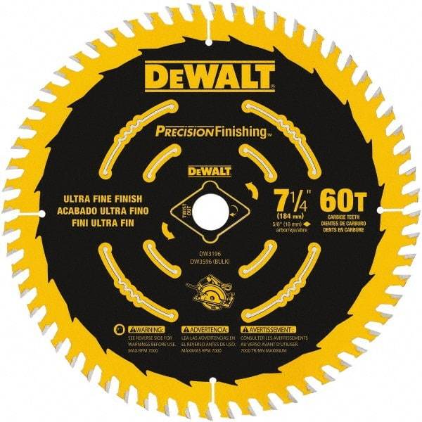 DeWALT - 7-1/4" Diam, 5/8" Arbor Hole Diam, 60 Tooth Wet & Dry Cut Saw Blade - Carbide-Tipped, Diamond Arbor - Industrial Tool & Supply