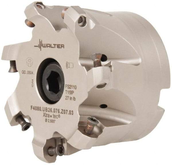 Walter - 3" Cut Diam, 1" Arbor Hole, 3mm Max Depth of Cut, 43° Indexable Chamfer & Angle Face Mill - 7 Inserts, ODM. 0504.., ODH. 0504.. Insert, Series F4080 - Industrial Tool & Supply