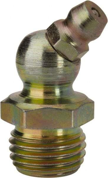 PRO-LUBE - 45° Head Angle, 1/4-18 NPT Steel Standard Grease Fitting - 9/16" Hex, 29.74mm Overall Height, 9.27mm Shank Length, Zinc Plated Finish - Industrial Tool & Supply