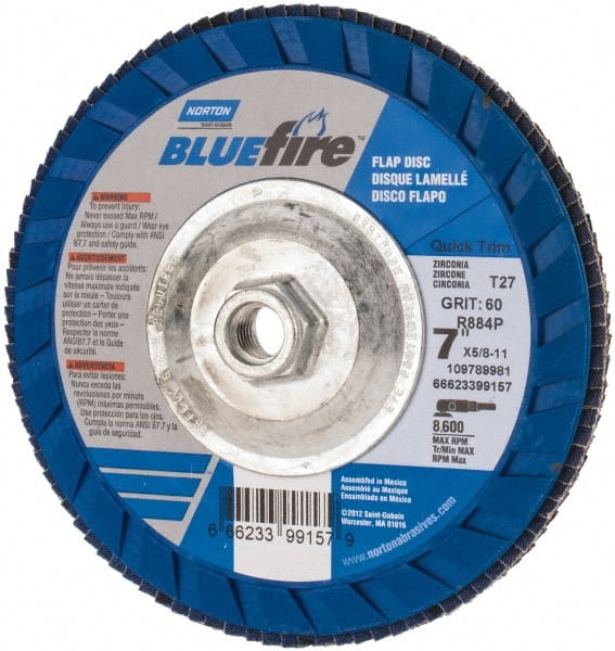 Norton - 7" 60 Grit 5/8-11 Center Hole Type 27 Zirconia Alumina Flap Disc - Industrial Tool & Supply