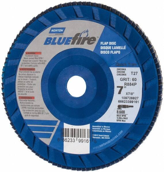 Norton - 60 Grit, 7" Disc Diam, 7/8" Center Hole, Type 27 Zirconia Alumina Flap Disc - 8,600 Max RPM, Fiberglass Backing, Arbor Attaching System, Coated - Industrial Tool & Supply