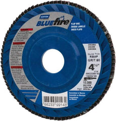 Norton - 80 Grit, 4-1/2" Disc Diam, 7/8" Center Hole, Type 27 Zirconia Alumina Flap Disc - 13,300 Max RPM, Fiberglass Backing, Arbor Attaching System, Coated - Industrial Tool & Supply