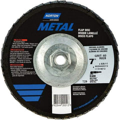 Norton - 60 Grit, 7" Disc Diam, 5/8-11 Center Hole, Type 29 Zirconia Alumina Flap Disc - 8,600 Max RPM, Fiberglass Backing, Arbor Attaching System, Coated - Industrial Tool & Supply