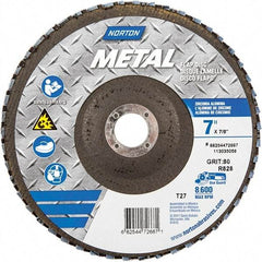 Norton - 80 Grit, 7" Disc Diam, 7/8" Center Hole, Type 27 Zirconia Alumina Flap Disc - 8,600 Max RPM, Fiberglass Backing, Arbor Attaching System, Coated - Industrial Tool & Supply