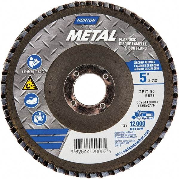 Norton - 80 Grit, 5" Disc Diam, 7/8" Center Hole, Type 29 Zirconia Alumina Flap Disc - 12,000 Max RPM, Fiberglass Backing, Arbor Attaching System, Coated - Industrial Tool & Supply