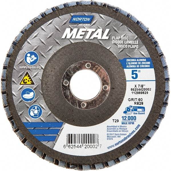 Norton - 60 Grit, 5" Disc Diam, 7/8" Center Hole, Type 29 Zirconia Alumina Flap Disc - 12,000 Max RPM, Fiberglass Backing, Arbor Attaching System, Coated - Industrial Tool & Supply