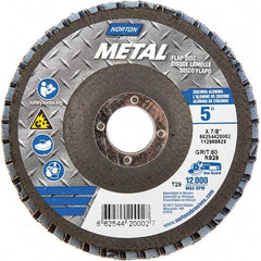 Norton - 60 Grit, 5" Disc Diam, 7/8" Center Hole, Type 29 Zirconia Alumina Flap Disc - 12,000 Max RPM, Fiberglass Backing, Arbor Attaching System, Coated - Industrial Tool & Supply