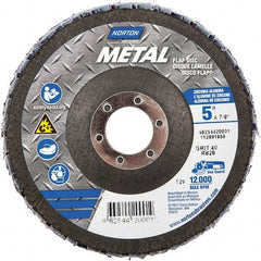 Norton - 40 Grit, 5" Disc Diam, 7/8" Center Hole, Type 29 Zirconia Alumina Flap Disc - 12,000 Max RPM, Fiberglass Backing, Arbor Attaching System, Coated - Industrial Tool & Supply