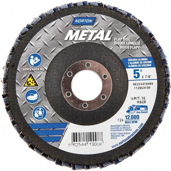 Norton - 36 Grit, 5" Disc Diam, 7/8" Center Hole, Type 29 Zirconia Alumina Flap Disc - 12,000 Max RPM, Fiberglass Backing, Arbor Attaching System, Coated - Industrial Tool & Supply