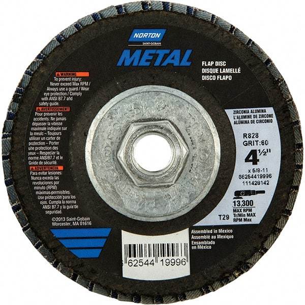 Norton - 80 Grit, 4-1/2" Disc Diam, 5/8-11 Center Hole, Type 29 Zirconia Alumina Flap Disc - 13,300 Max RPM, Fiberglass Backing, Arbor Attaching System, Coated - Industrial Tool & Supply