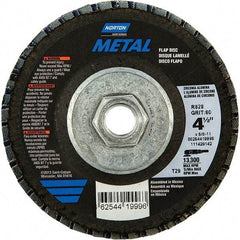 Norton - 80 Grit, 4-1/2" Disc Diam, 5/8-11 Center Hole, Type 29 Zirconia Alumina Flap Disc - 13,300 Max RPM, Fiberglass Backing, Arbor Attaching System, Coated - Industrial Tool & Supply