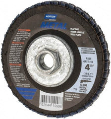 Norton - 60 Grit, 4-1/2" Disc Diam, 5/8-11 Center Hole, Type 29 Zirconia Alumina Flap Disc - 13,300 Max RPM, Fiberglass Backing, Arbor Attaching System, Coated - Industrial Tool & Supply
