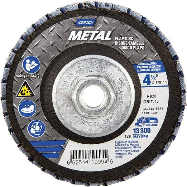 Norton - 40 Grit, 4-1/2" Disc Diam, 5/8-11 Center Hole, Type 29 Zirconia Alumina Flap Disc - 13,300 Max RPM, Fiberglass Backing, Arbor Attaching System, Coated - Industrial Tool & Supply