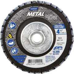 Norton - 40 Grit, 4-1/2" Disc Diam, 5/8-11 Center Hole, Type 29 Zirconia Alumina Flap Disc - 13,300 Max RPM, Fiberglass Backing, Arbor Attaching System, Coated - Industrial Tool & Supply