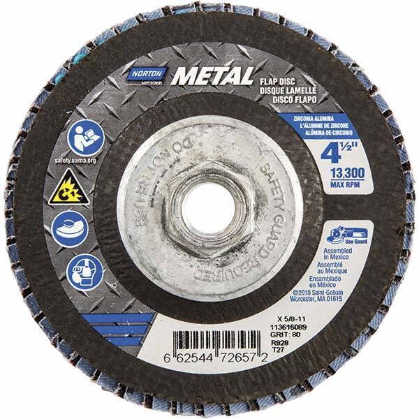 Norton - 80 Grit, 4-1/2" Disc Diam, 5/8-11 Center Hole, Type 27 Zirconia Alumina Flap Disc - 13,300 Max RPM, Fiberglass Backing, Arbor Attaching System, Coated - Industrial Tool & Supply