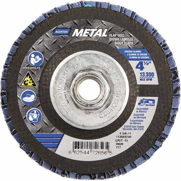 Norton - 60 Grit, 4-1/2" Disc Diam, 5/8-11 Center Hole, Type 27 Zirconia Alumina Flap Disc - 13,300 Max RPM, Fiberglass Backing, Arbor Attaching System, Coated - Industrial Tool & Supply