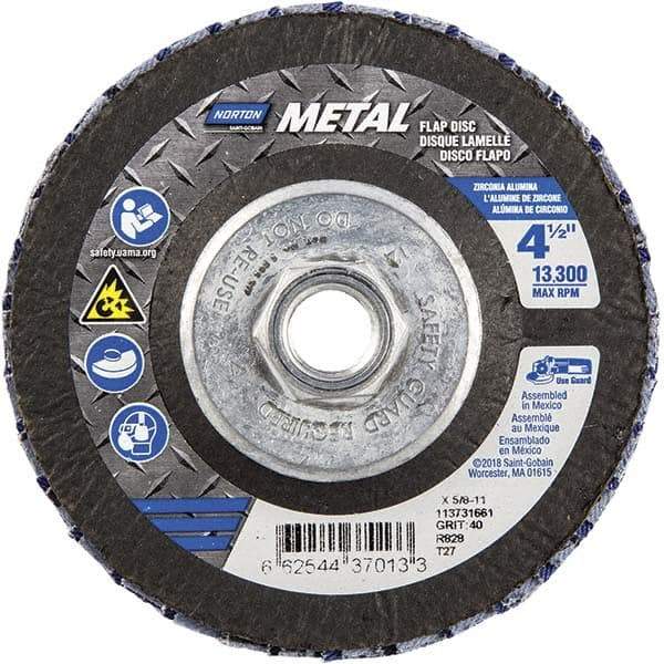 Norton - 40 Grit, 4-1/2" Disc Diam, 5/8-11 Center Hole, Type 27 Zirconia Alumina Flap Disc - 13,300 Max RPM, Fiberglass Backing, Arbor Attaching System, Coated - Industrial Tool & Supply
