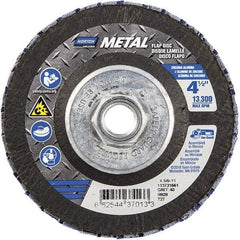 Norton - 40 Grit, 4-1/2" Disc Diam, 5/8-11 Center Hole, Type 27 Zirconia Alumina Flap Disc - 13,300 Max RPM, Fiberglass Backing, Arbor Attaching System, Coated - Industrial Tool & Supply