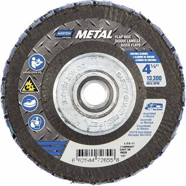 Norton - 36 Grit, 4-1/2" Disc Diam, 5/8-11 Center Hole, Type 27 Zirconia Alumina Flap Disc - 13,300 Max RPM, Fiberglass Backing, Arbor Attaching System, Coated - Industrial Tool & Supply