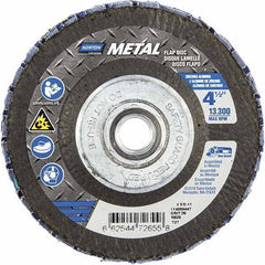 Norton - 36 Grit, 4-1/2" Disc Diam, 5/8-11 Center Hole, Type 27 Zirconia Alumina Flap Disc - 13,300 Max RPM, Fiberglass Backing, Arbor Attaching System, Coated - Industrial Tool & Supply