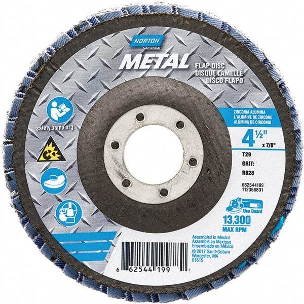 Norton - 80 Grit, 4-1/2" Disc Diam, 7/8" Center Hole, Type 29 Zirconia Alumina Flap Disc - 13,300 Max RPM, Fiberglass Backing, Arbor Attaching System, Coated - Industrial Tool & Supply