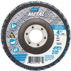 Norton - 80 Grit, 4-1/2" Disc Diam, 7/8" Center Hole, Type 29 Zirconia Alumina Flap Disc - 13,300 Max RPM, Fiberglass Backing, Arbor Attaching System, Coated - Industrial Tool & Supply