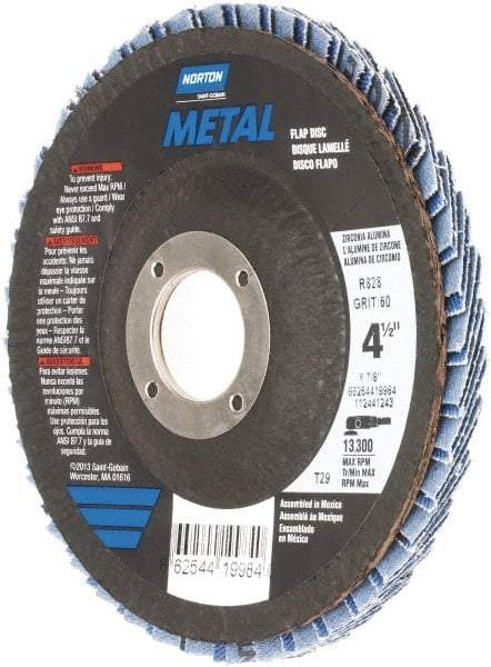 Norton - 60 Grit, 4-1/2" Disc Diam, 7/8" Center Hole, Type 29 Zirconia Alumina Flap Disc - 13,300 Max RPM, Fiberglass Backing, Arbor Attaching System, Coated - Industrial Tool & Supply