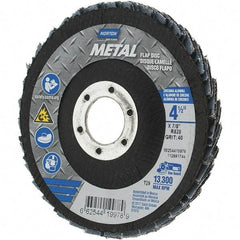 Norton - 40 Grit, 4-1/2" Disc Diam, 7/8" Center Hole, Type 29 Zirconia Alumina Flap Disc - 13,300 Max RPM, Fiberglass Backing, Arbor Attaching System, Coated - Industrial Tool & Supply