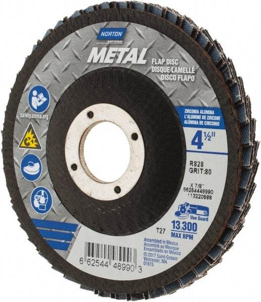 Norton - 80 Grit, 4-1/2" Disc Diam, 7/8" Center Hole, Type 27 Zirconia Alumina Flap Disc - 13,300 Max RPM, Fiberglass Backing, Arbor Attaching System, Coated - Industrial Tool & Supply