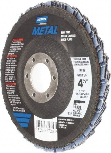 Norton - 36 Grit, 4-1/2" Disc Diam, 7/8" Center Hole, Type 27 Zirconia Alumina Flap Disc - 13,300 Max RPM, Fiberglass Backing, Arbor Attaching System, Coated - Industrial Tool & Supply