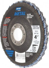 Norton - 36 Grit, 4-1/2" Disc Diam, 7/8" Center Hole, Type 27 Zirconia Alumina Flap Disc - 13,300 Max RPM, Fiberglass Backing, Arbor Attaching System, Coated - Industrial Tool & Supply