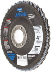 Norton - 40 Grit, 4-1/2" Disc Diam, 7/8" Center Hole, Type 27 Zirconia Alumina Flap Disc - 13,300 Max RPM, Fiberglass Backing, Arbor Attaching System, Coated - Industrial Tool & Supply